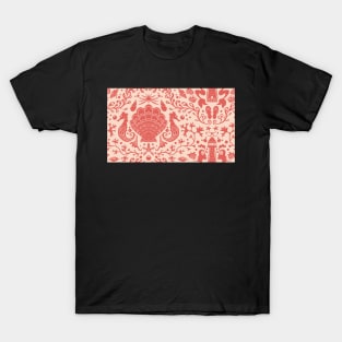 coral summer beach damask pattern with coral red seashells T-Shirt